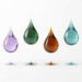 Six cannabis terpenes represented as translucent colored droplets — limonene (yellow), linalool (purple), pinene (green), β-caryophyllene (amber), myrcene (teal), and humulene (sage) — each with distinct pharmacological properties